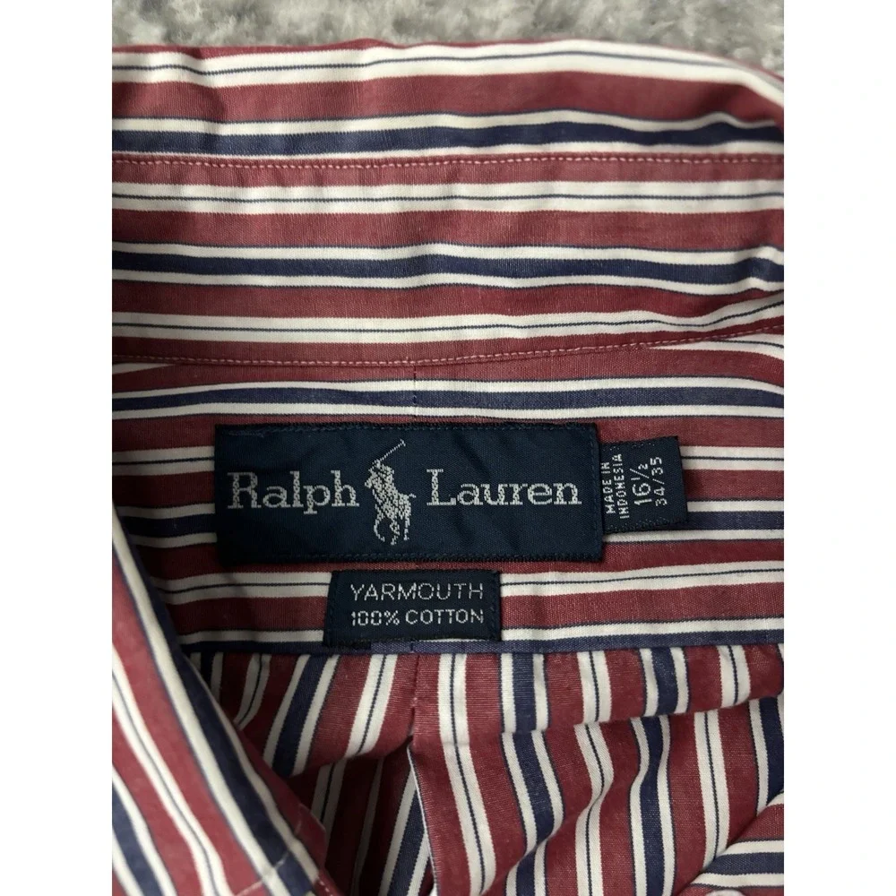 Polo Ralph Lauren Mens L 16.5 34/35 Yarmouth Red Blue Striped‎ Long Sleeve Shirt
